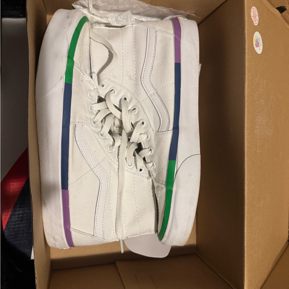 Vans White Sneakers with Green and Purple Accents